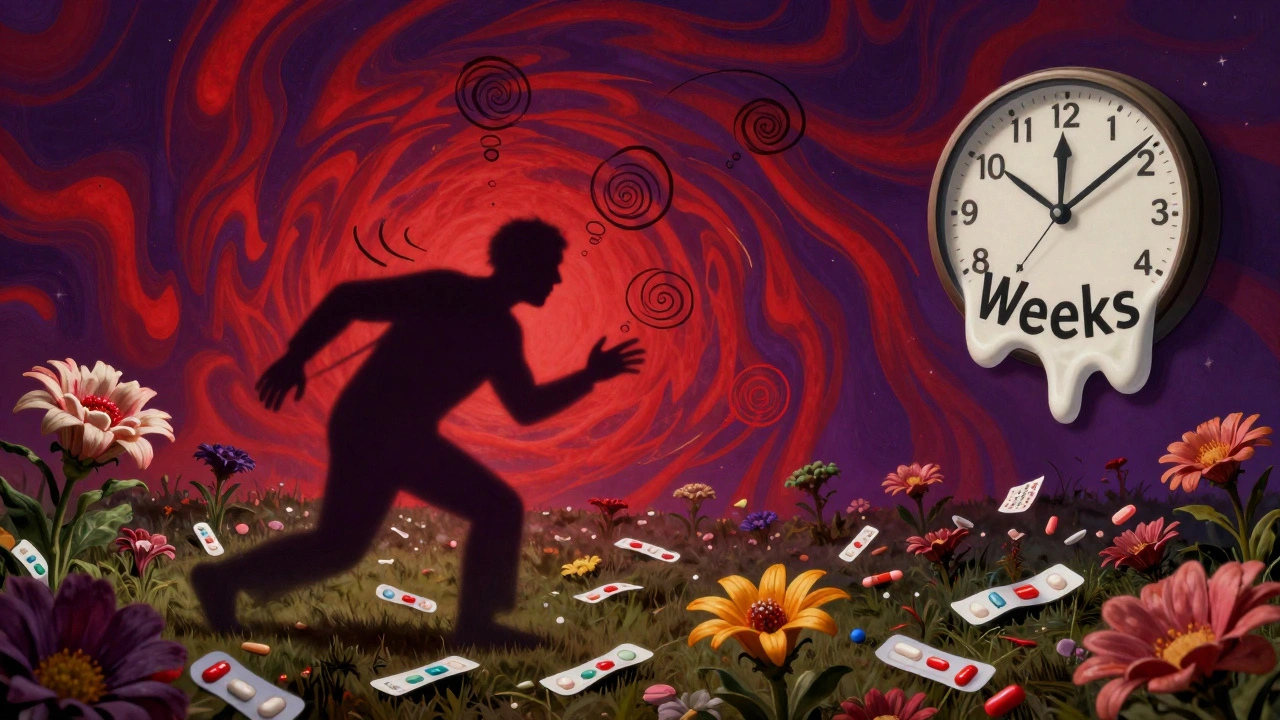 A surreal doctor’s office where prescription pads bloom like flowers and a patient’s shadow becomes a manic spiral.