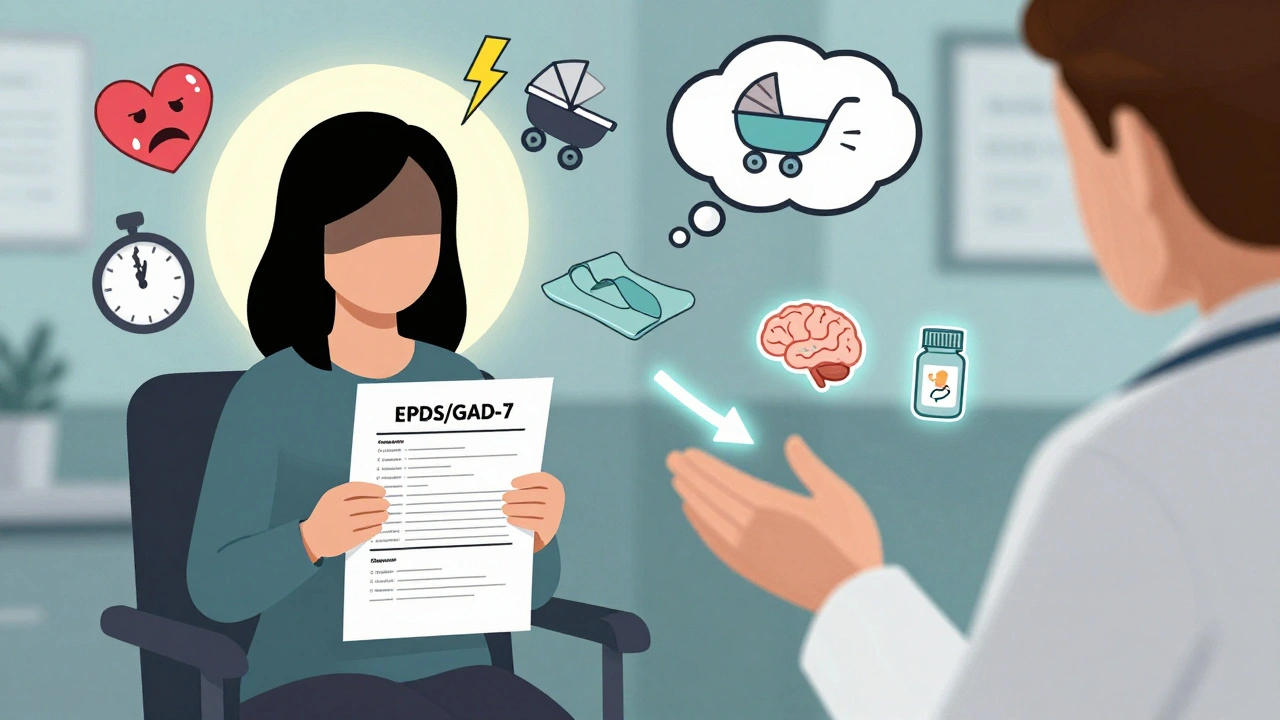 A woman in a doctor&#039;s office with floating anxiety symbols above her while holding a mental health screening form.