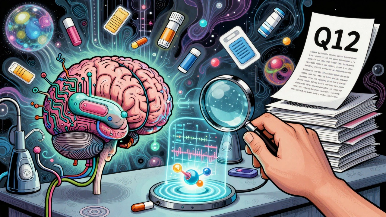 AI brain analyzing a drug molecule with holographic timelines, surrounded by medical devices in flowing psychedelic patterns.