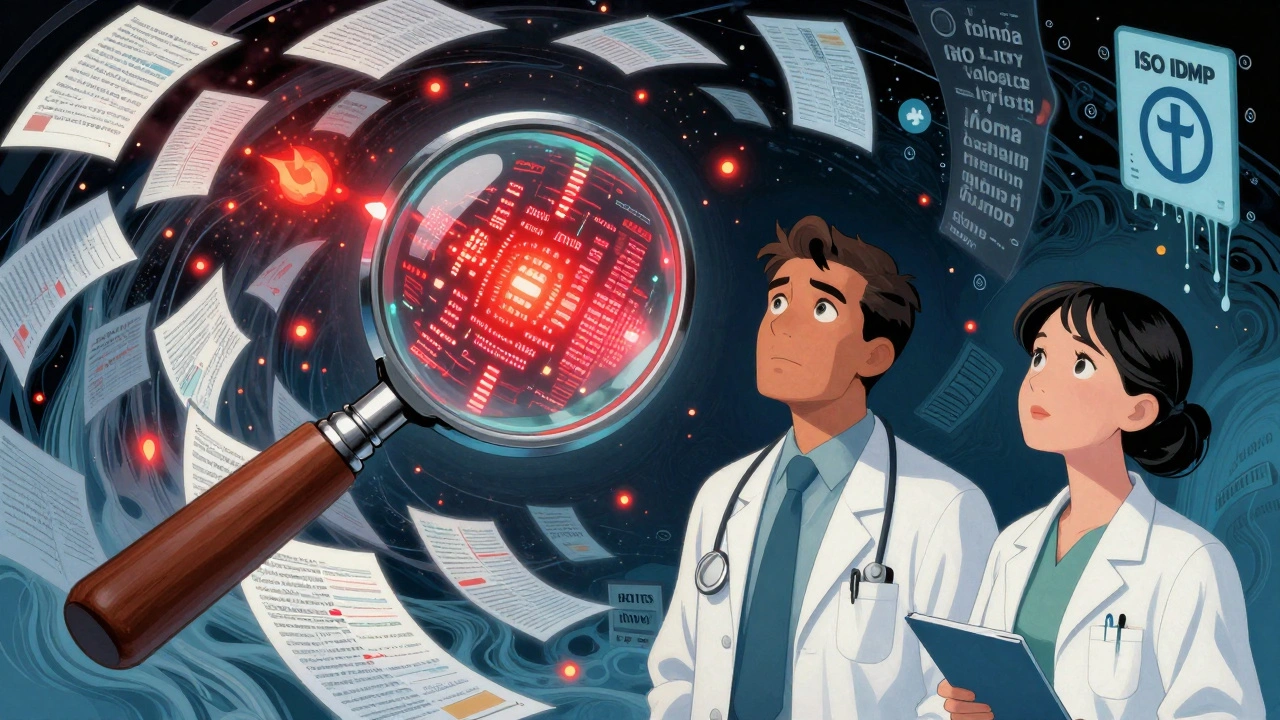 AI magnifying glass revealing danger signals in global drug report data, with doctors from different countries noticing the pattern.