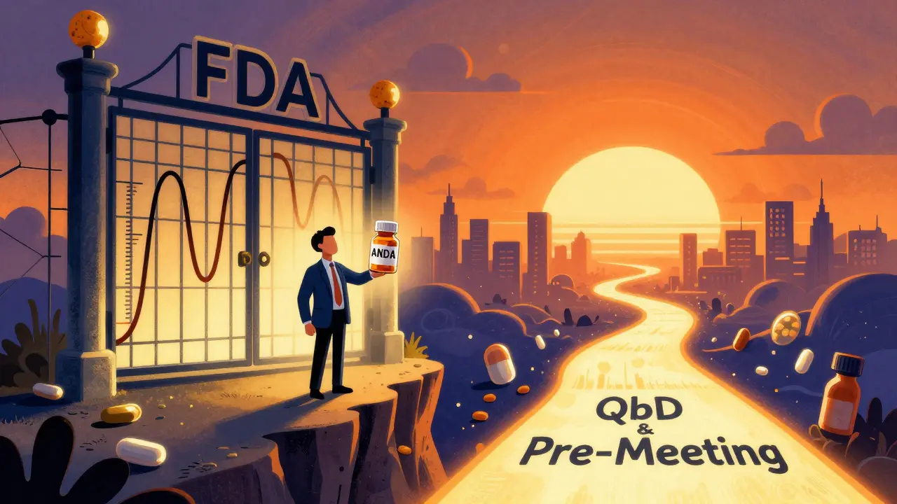 CEO on a cliff holding an ANDA pill bottle, facing a gate of scientific data with a safe path ahead toward affordable medicine.