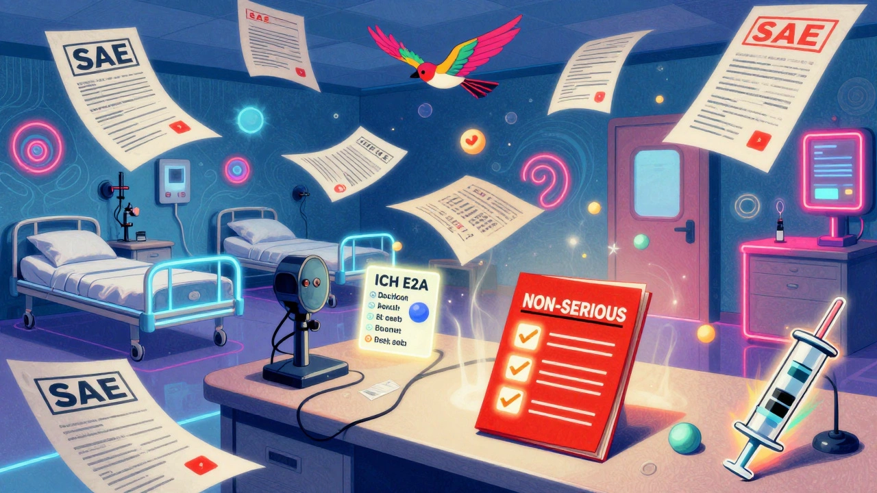 Chaotic clinical trial room with flying SAE reports and a calm non-serious file amid neon medical symbols.
