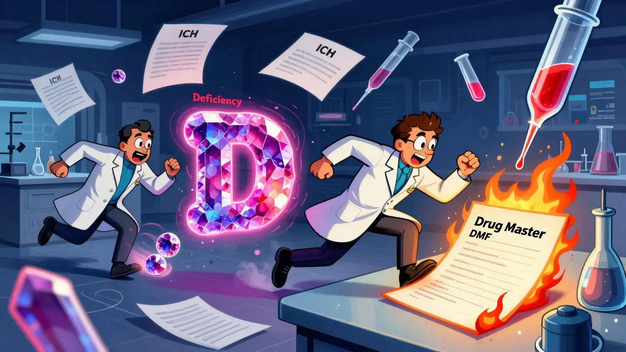 Chaotic lab scene with runaway crystals and burning DMF document in vibrant, swirling Wes Wilson style.