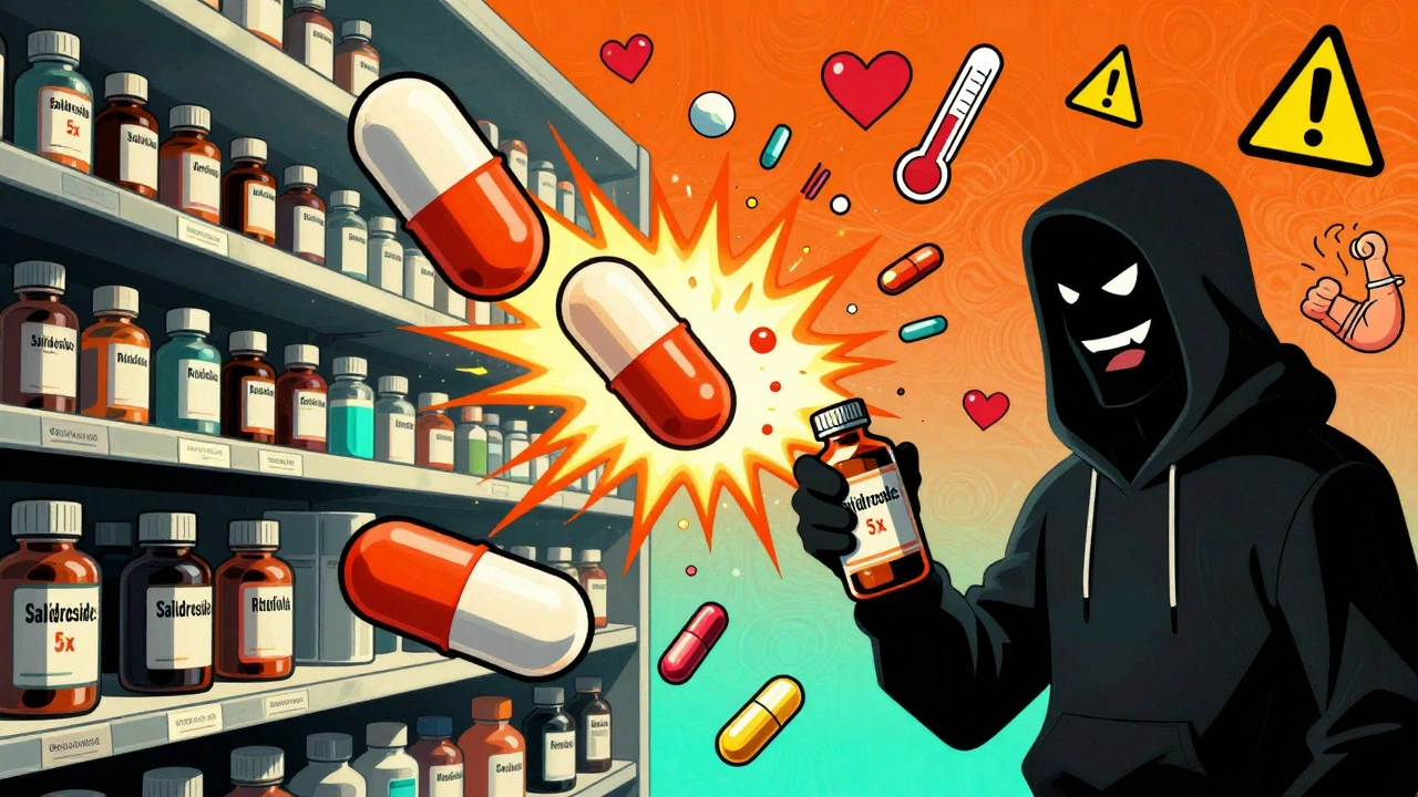 Chaotic pharmacy shelf with exploding rhodiola capsule and glowing antidepressant bottles in swirling 1960s poster style.