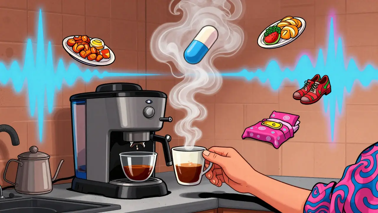 Coffee maker steaming into a floating pill, surrounded by icons of daily habits in vibrant psychedelic patterns.
