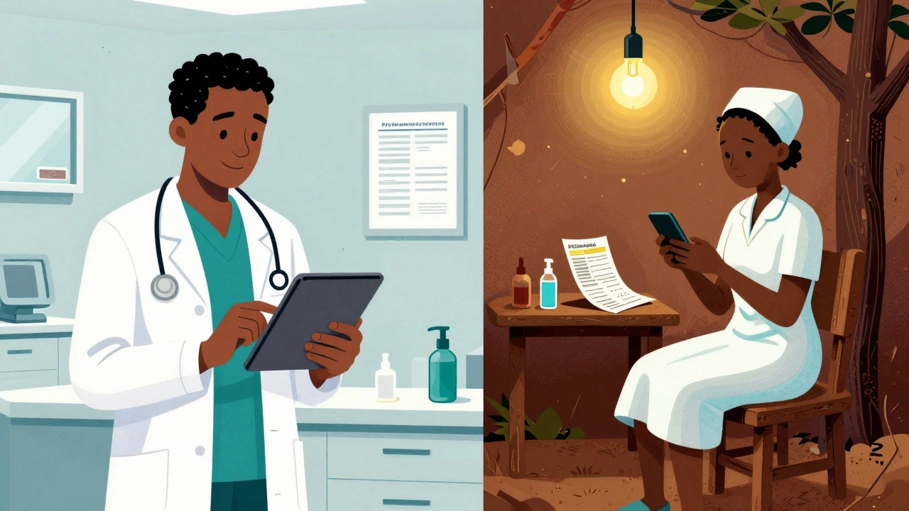 Contrasting clinic in UK and rural health post in Africa, showing differences in pharmacovigilance infrastructure.