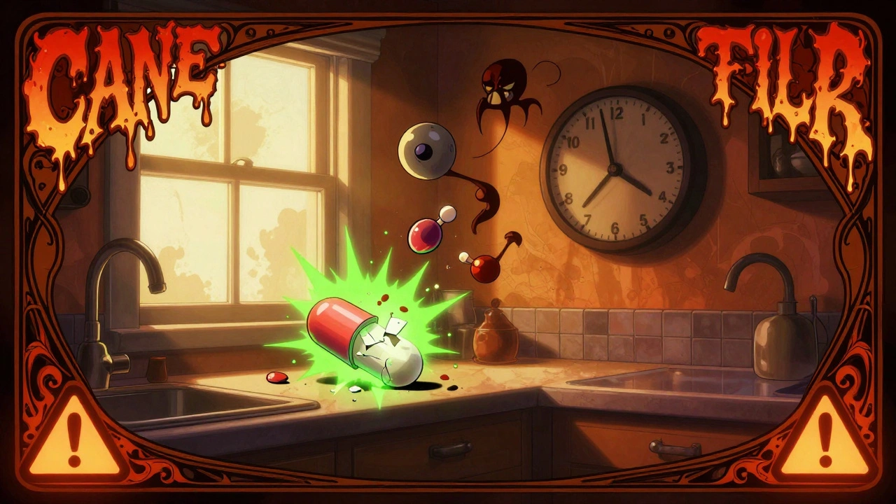 Crumbling cancer pill releasing toxic sparks on a windowsill, with glowing degradation molecules and a ticking clock.