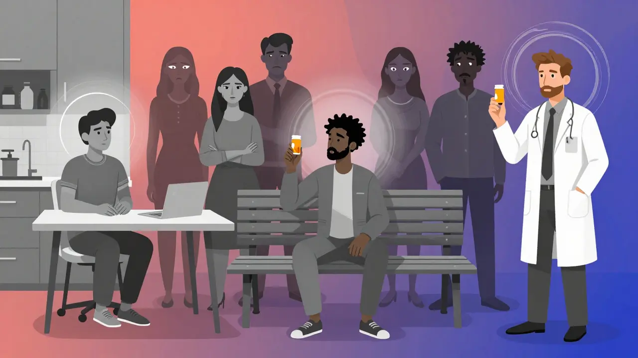 Diverse people holding pill bottles with glowing lines, while skeptical figures fade into the background.