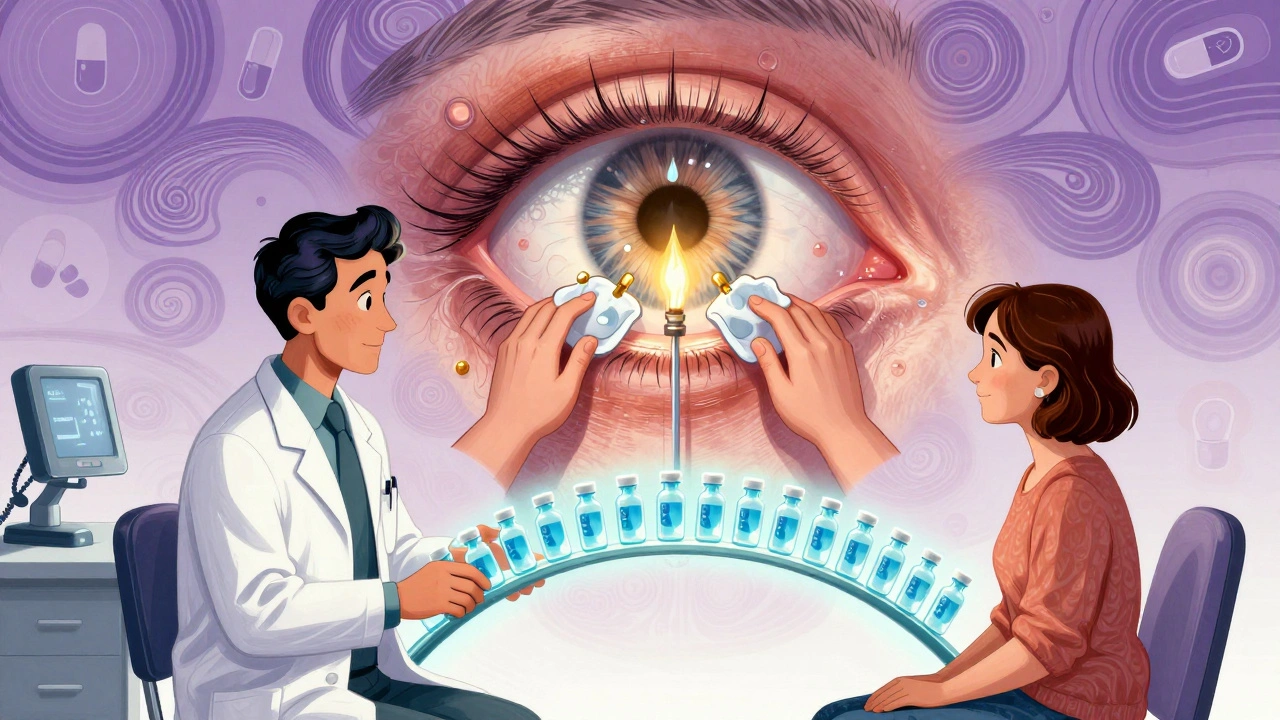 Doctor and patient connected by tear vials, glowing eye with oil glands being cleaned in psychedelic clinic scene.