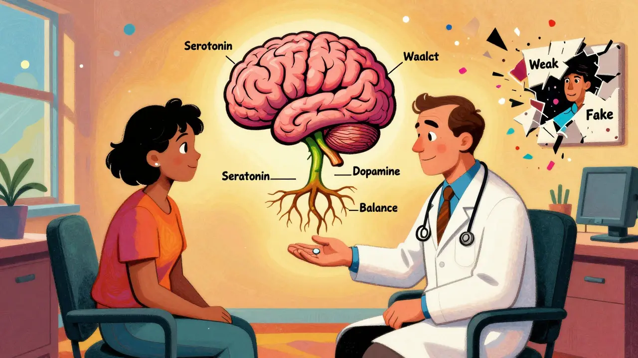 Doctor and patient in abstract office, brain turning into a garden with labeled neurotransmitters.
