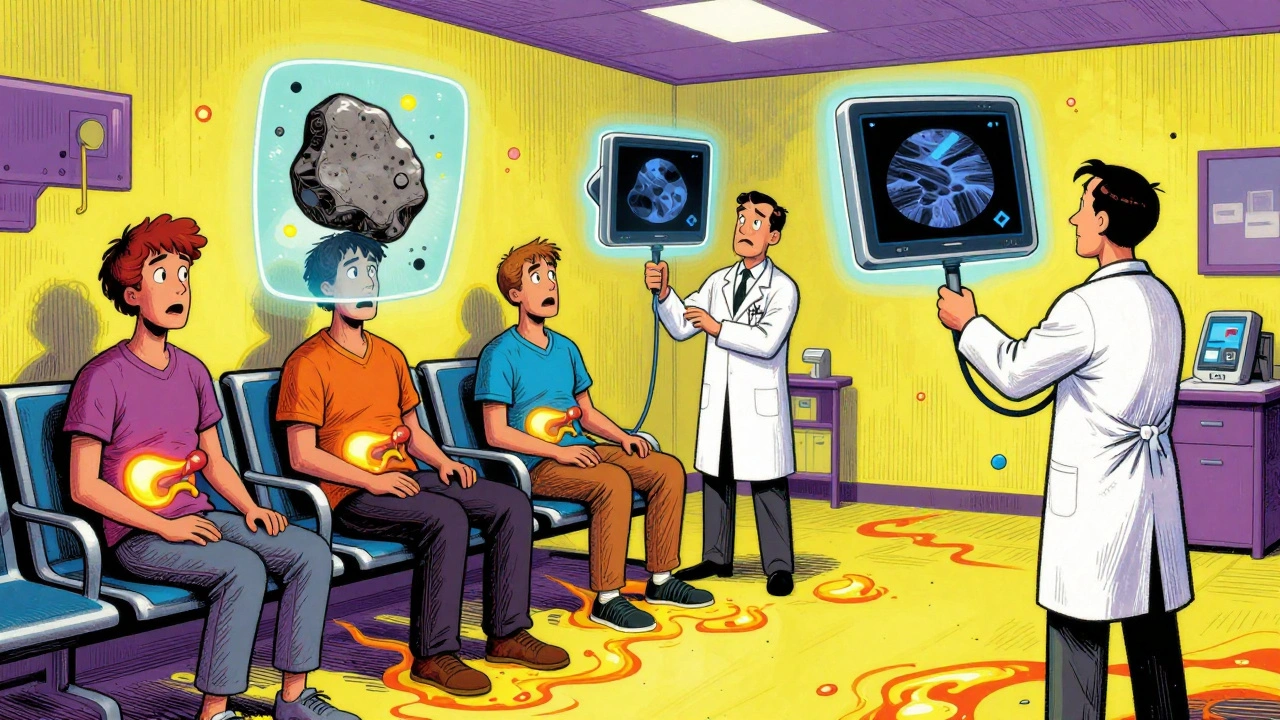ER scene with patients and doctors surrounded by glowing gallstones and ultrasound projections in vibrant psychedelic style.