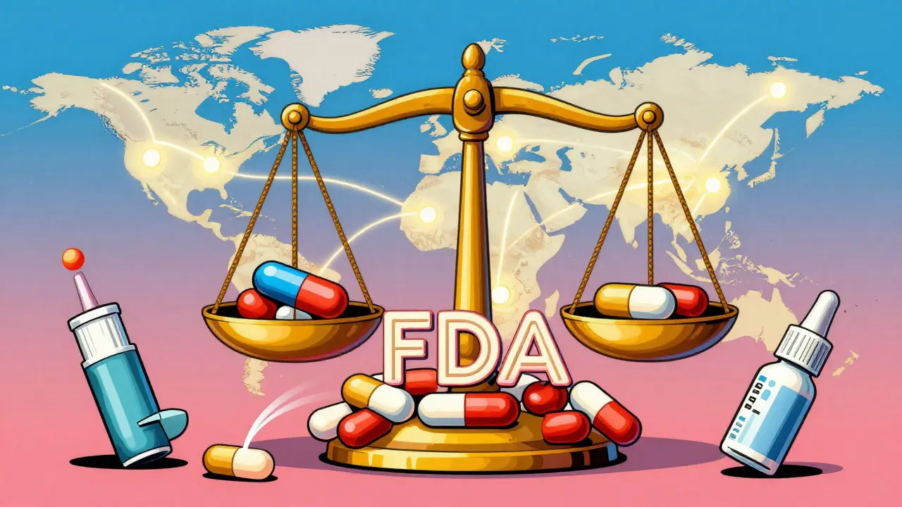 FDA seal made of pills balancing brand and generic drugs, surrounded by medical delivery forms in psychedelic art style.