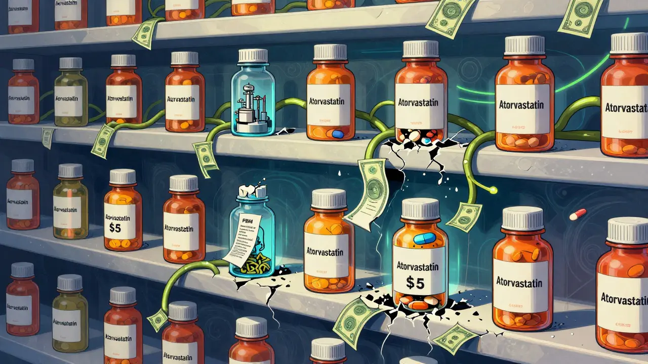 Fractured pharmacy shelf revealing hidden supply chain layers behind identical pill bottles.