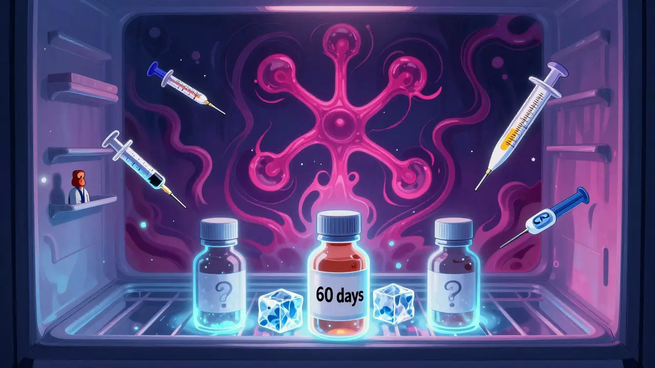 Frozen antibiotic bottles glowing in a freezer, surrounded by floating medical symbols.