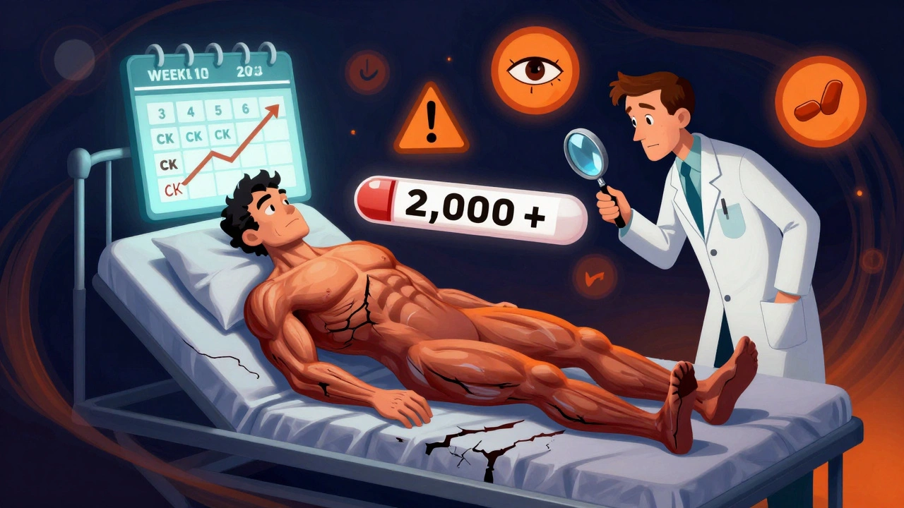 Hospital patient with weekly CK arrows rising, muscles fraying, and warning symbols floating around them.