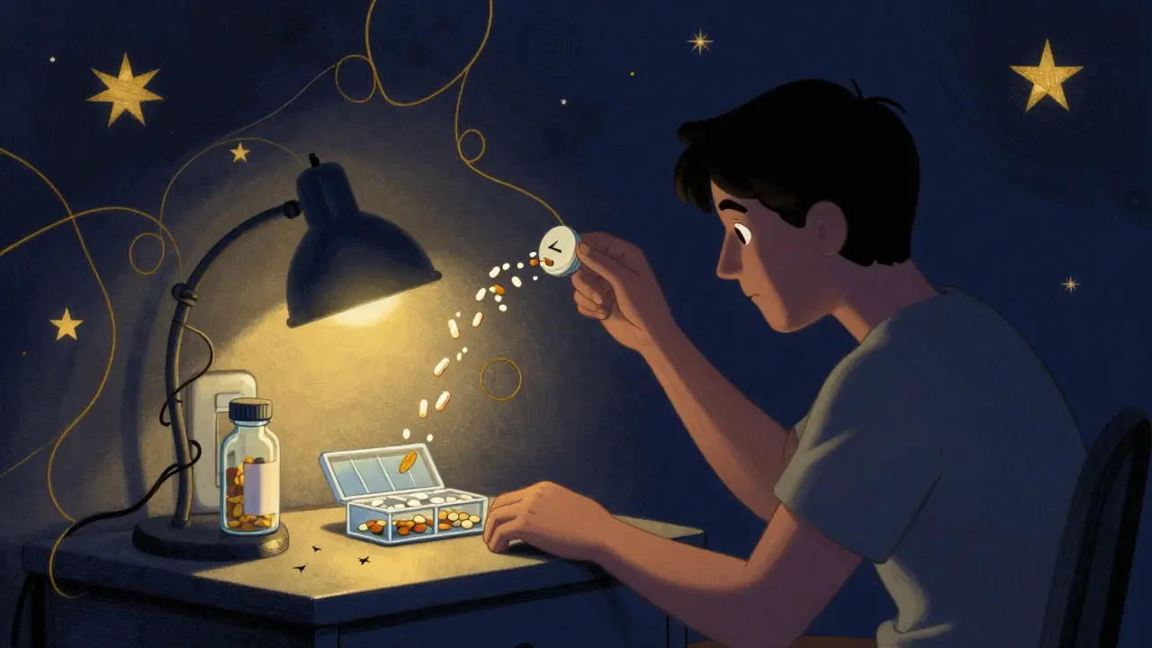 Nighttime scene with pills falling from a light switch into a pill organizer, surrounded by cosmic swirls.