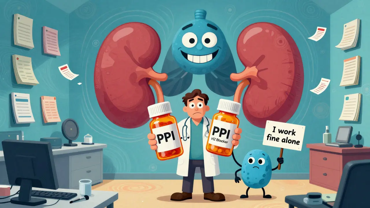 Patient confused between two pill bottles, giant PPI monster casting shadow of kidney and lung.