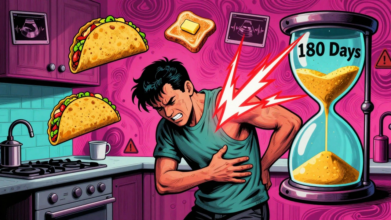 Patient experiencing radiating abdominal pain with floating fatty foods and warning symbols in surreal kitchen scene.