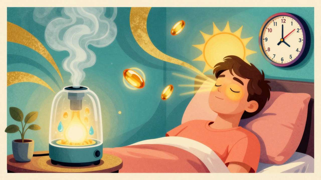 Person relaxing in bedroom with humidifier, warm compress, and floating omega-3 capsules in vibrant poster style.
