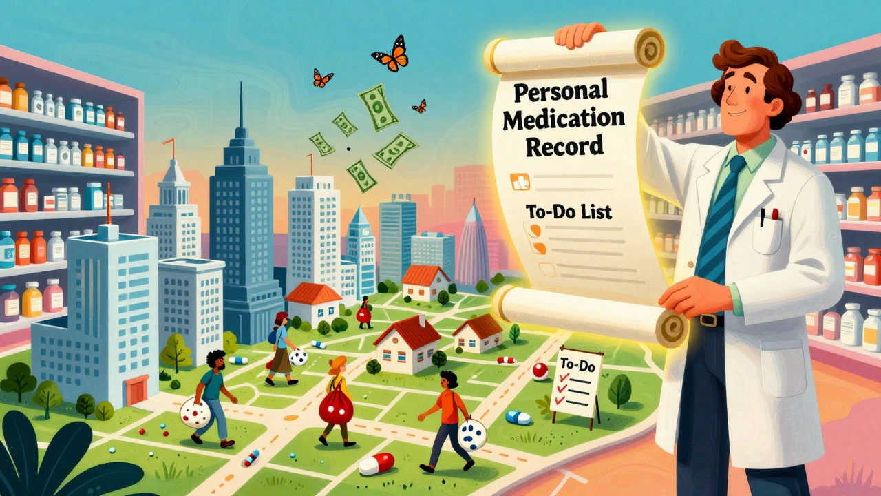 Pharmacist holding a scroll-map of medications as buildings, patients shedding pill bags as butterflies fly away.