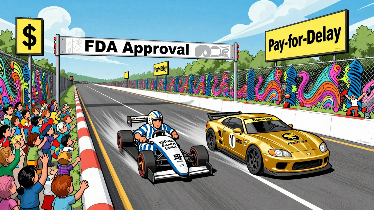 Racers in a psychedelic race to FDA approval, one with 180-day exclusivity jersey, the other blocked by patent barriers and pay-for-delay signs.