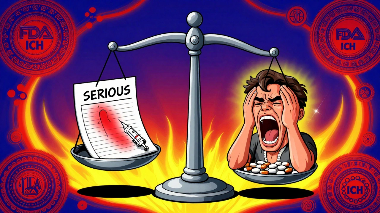 Scales of justice weighing a mild rash against a headache, framed by FDA and ICH logos in psychedelic style.