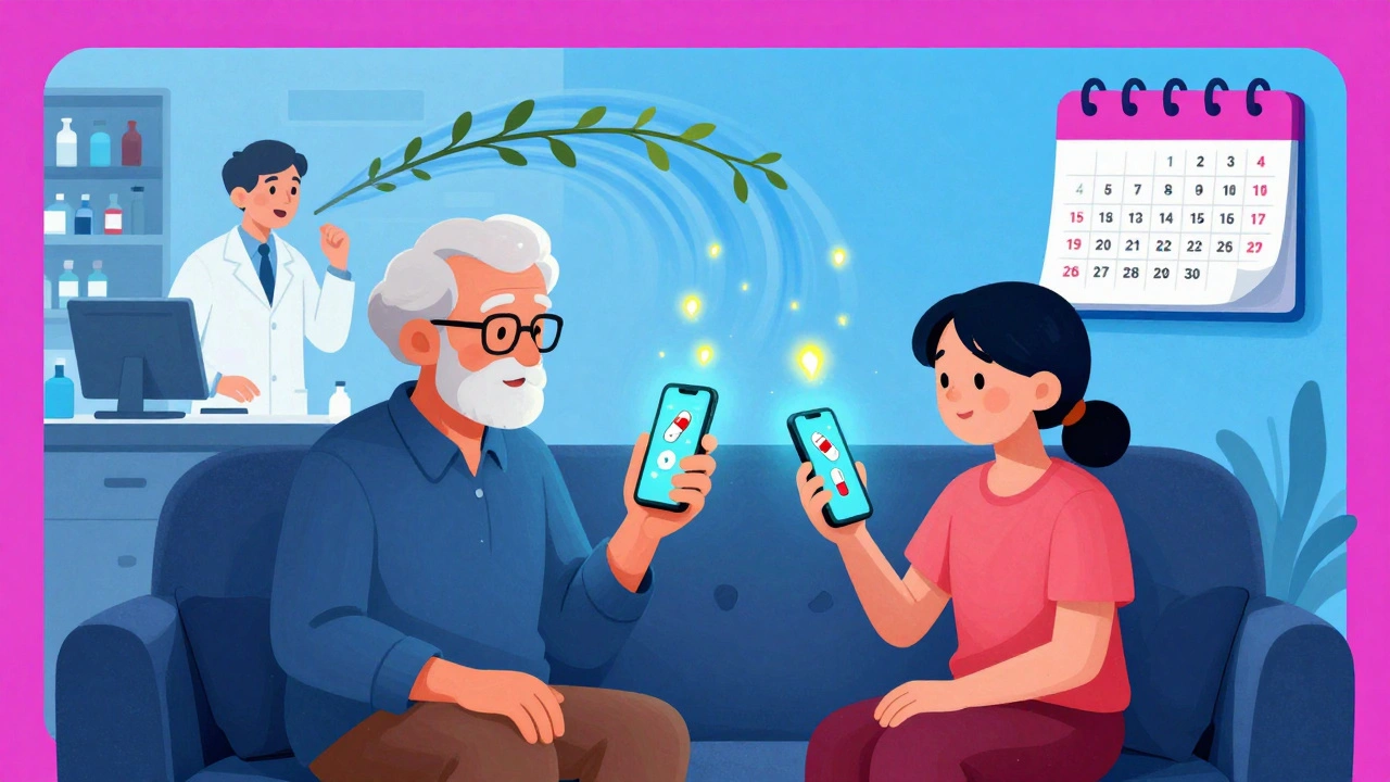 Senior and caregiver on couch with animated medication icons floating between their phones, pharmacist’s voice as a vine.
