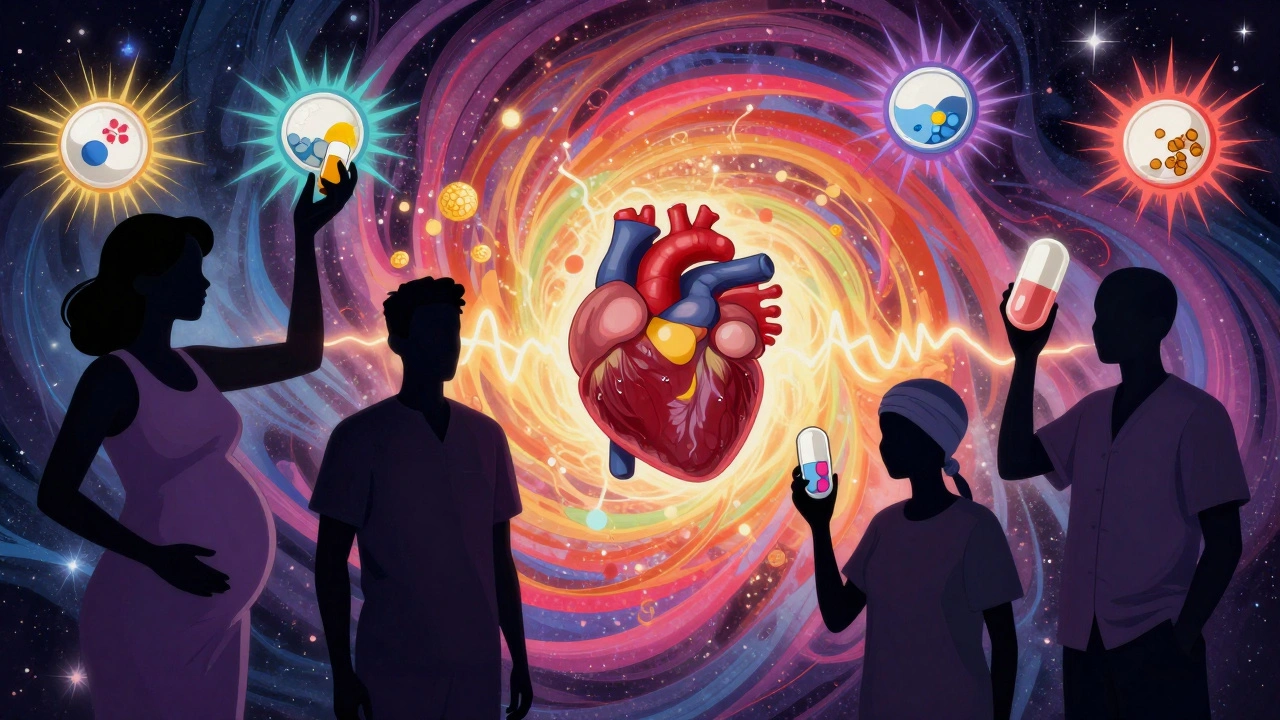 Silhouetted patients holding tablets with filler symbols, connected to a glowing thyroid in vibrant swirls.