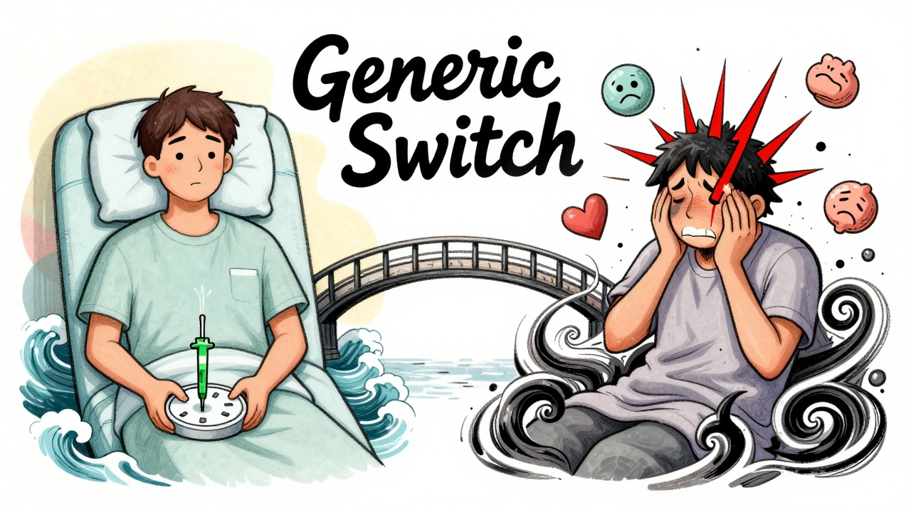 Split illustration of calm vs. distressed patient with TSH needle and organic psychedelic patterns.
