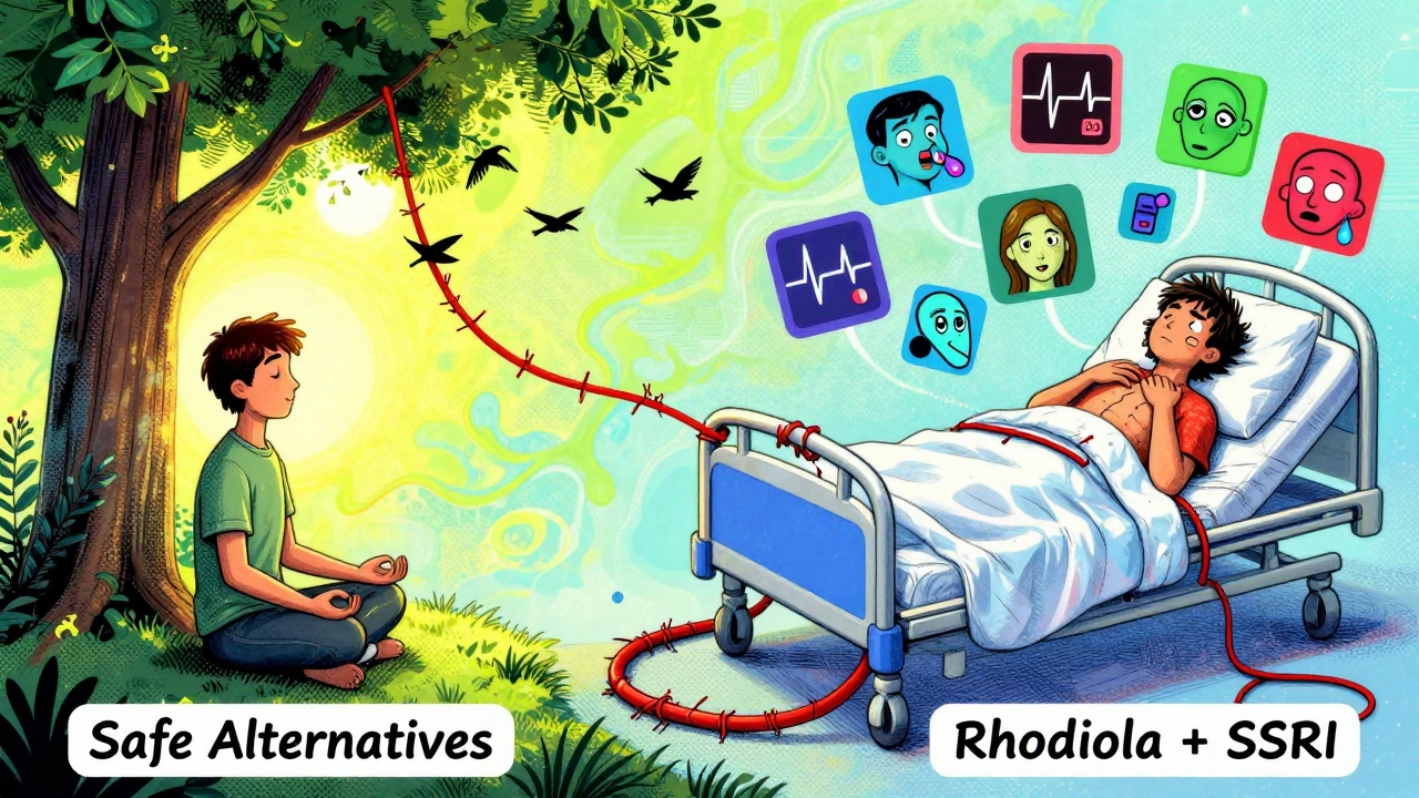 Split scene: peaceful meditation vs. hospital convulsion, connected by a red cord labeled Rhodiola + SSRI.