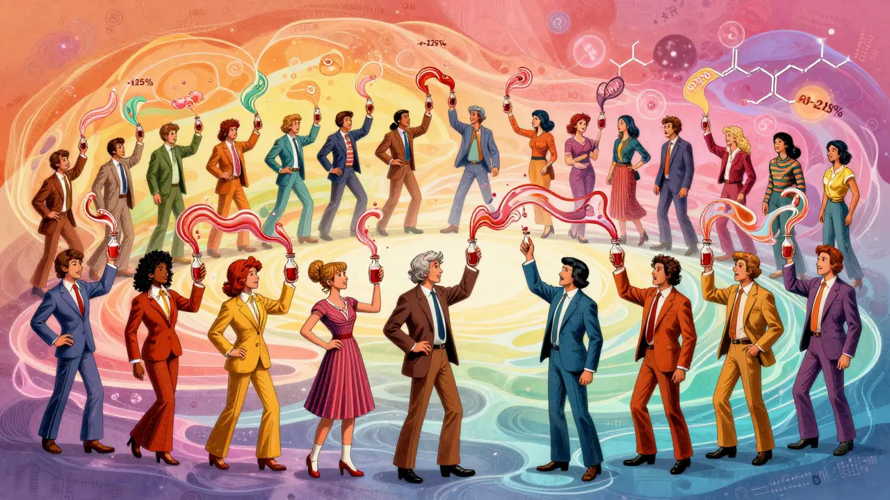 Stylized volunteers with transforming blood vials forming pharmacokinetic graphs in a crossover study scene.