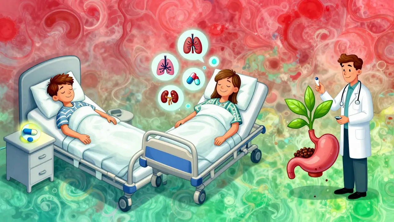 Timeline showing patient switching from dual pills to single H2 blocker, with health symbols fading.