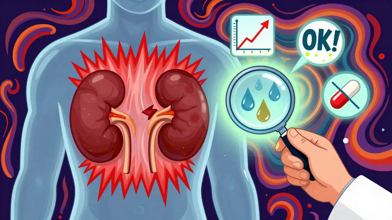 Transparent human torso with kidney under pressure, protected by medical symbols and blocked NSAIDs in psychedelic style.