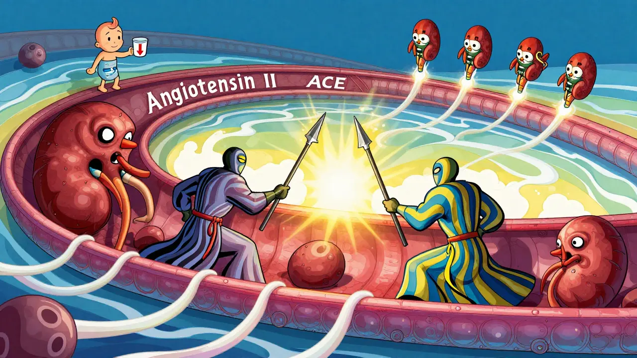Warriors fighting angiotensin monsters inside a kidney, with SGLT2 allies arriving, all in vibrant 1960s illustration style.