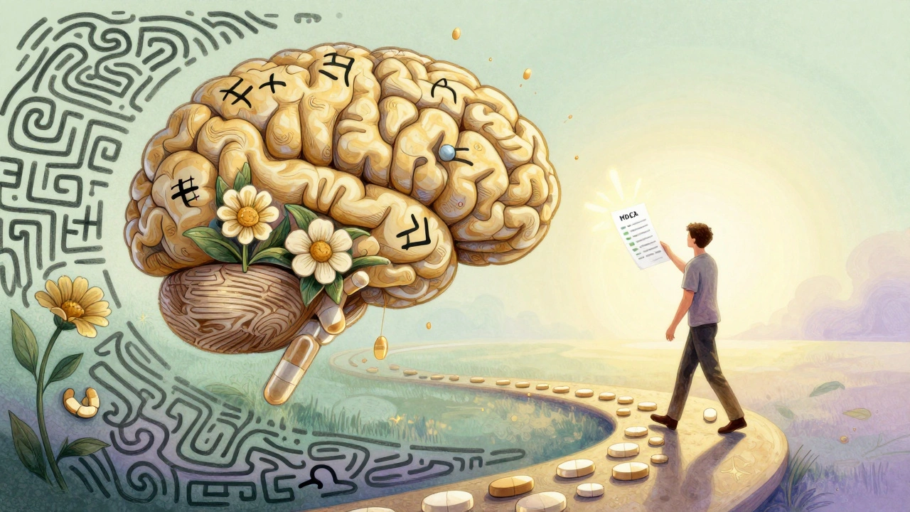 Winding path of dissolving pills transforming into brain cells and blooming light