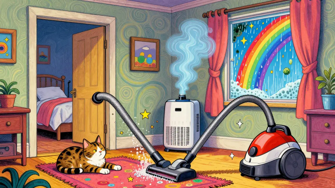 A cat sits outside a bedroom as a HEPA vacuum sucks up dander stars, with a dehumidifier releasing mist and mold spores dissolving into rainbows.