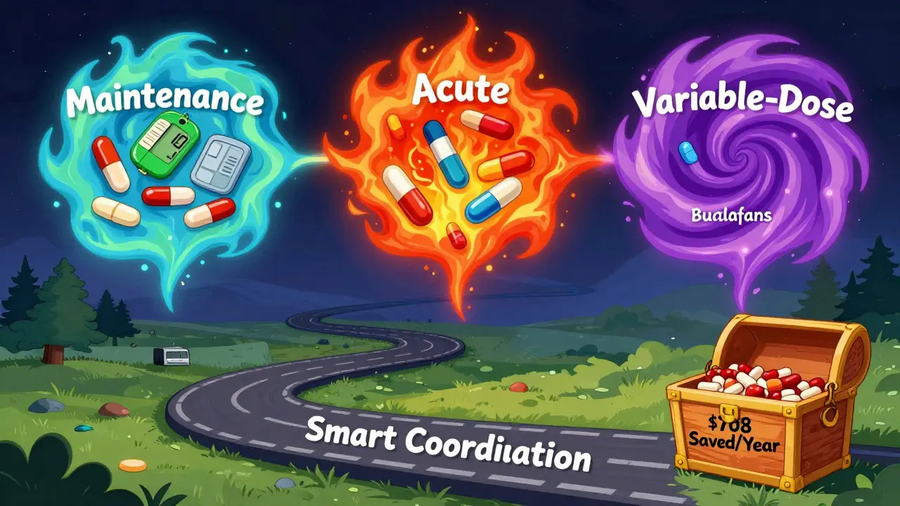 A colorful mind map of medications categorized by type, leading to a treasure chest of annual savings.