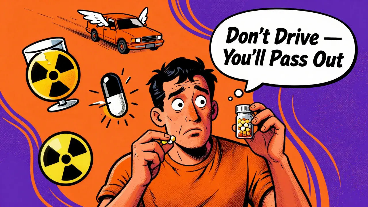 A confused person surrounded by misinterpreted medical symbols, with a pharmacist’s clear warning in bold text.