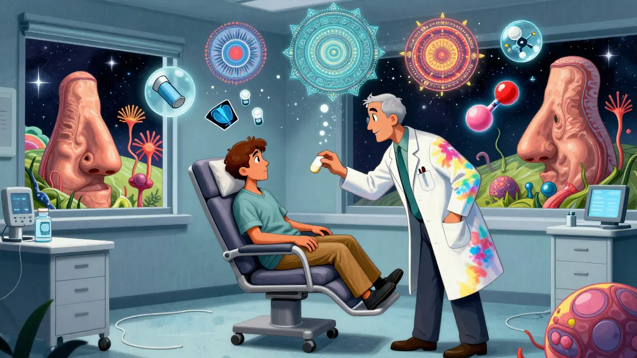 A doctor giving aspirin in a cosmic room with floating medical symbols and swirling mandalas.