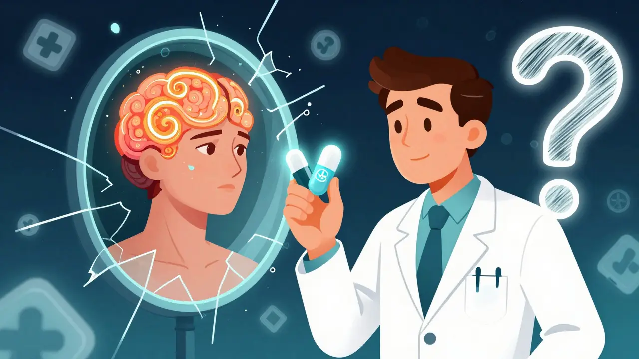 A doctor holds two identical pills while a patient's mind splits between confidence and fear in swirling colors.