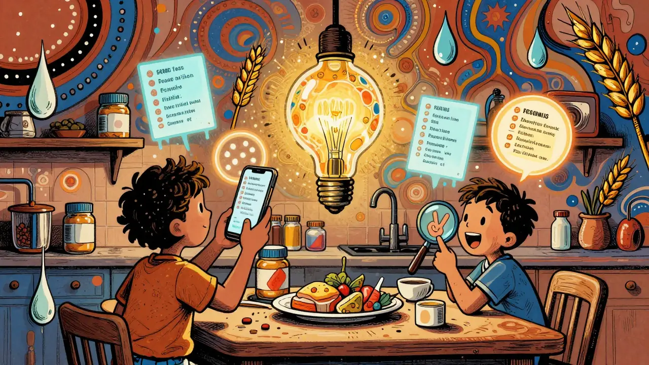 A family examining food labels with holograms above them, surrounded by glowing allergen symbols in vibrant psychedelic colors.
