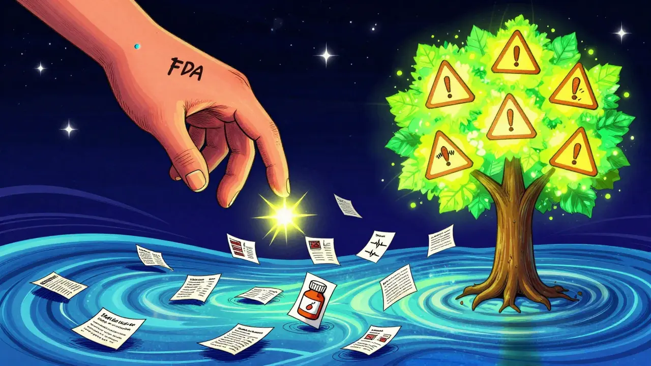 A giant hand collecting patient reaction sparks into a safety warning tree under a starry sky.