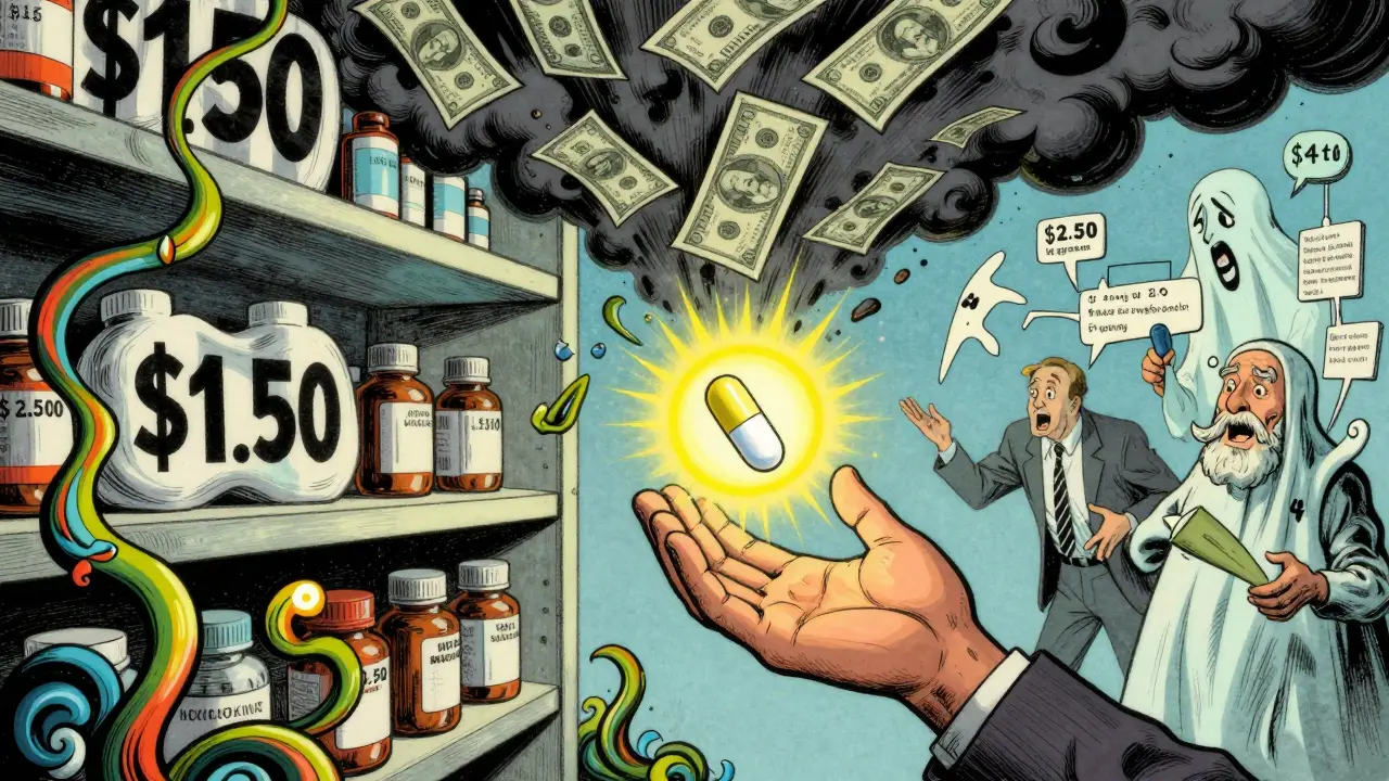 A glowing  generic pill surrounded by invisible money flowing upward, with manufacturers and wholesalers arguing in the background.