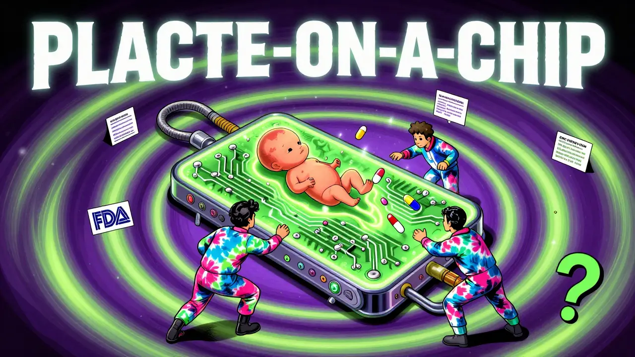 A glowing placenta-on-a-chip with nanodrugs and bouncers, rendered in vibrant 1960s poster art style.