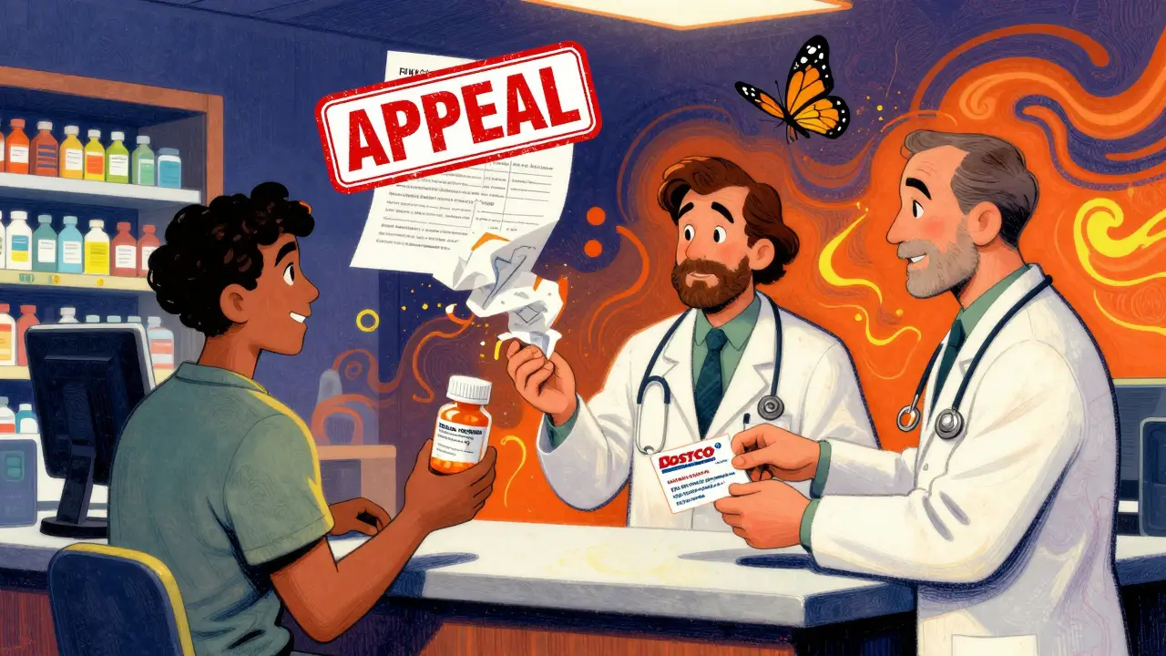 A patient and doctor receive a generic pill and discount card as a prior authorization form turns into a butterfly.