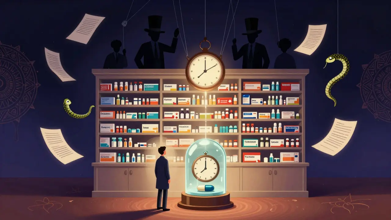 A patient faces a shelf of expensive drugs while a single generic pill is trapped in glass with a ticking clock controlled by shadowy figures.