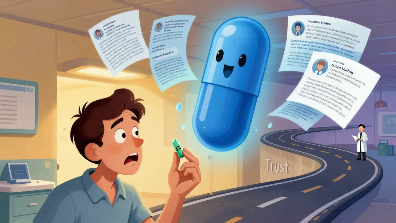 A patient stares at a small green generic pill as a giant blue brand-name pill haunts their memory.