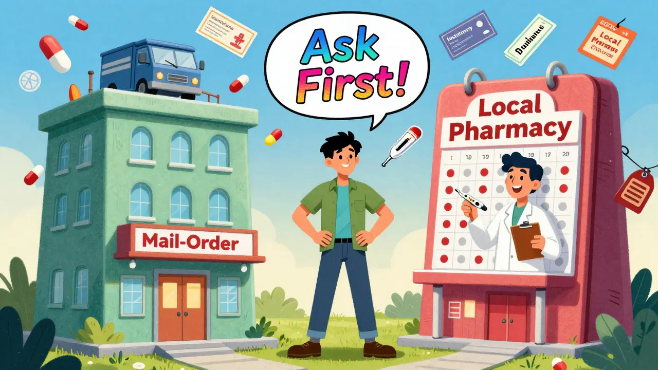 A person between mail-order and local pharmacy buildings, with a refill calendar and 'Ask First!' speech bubble.
