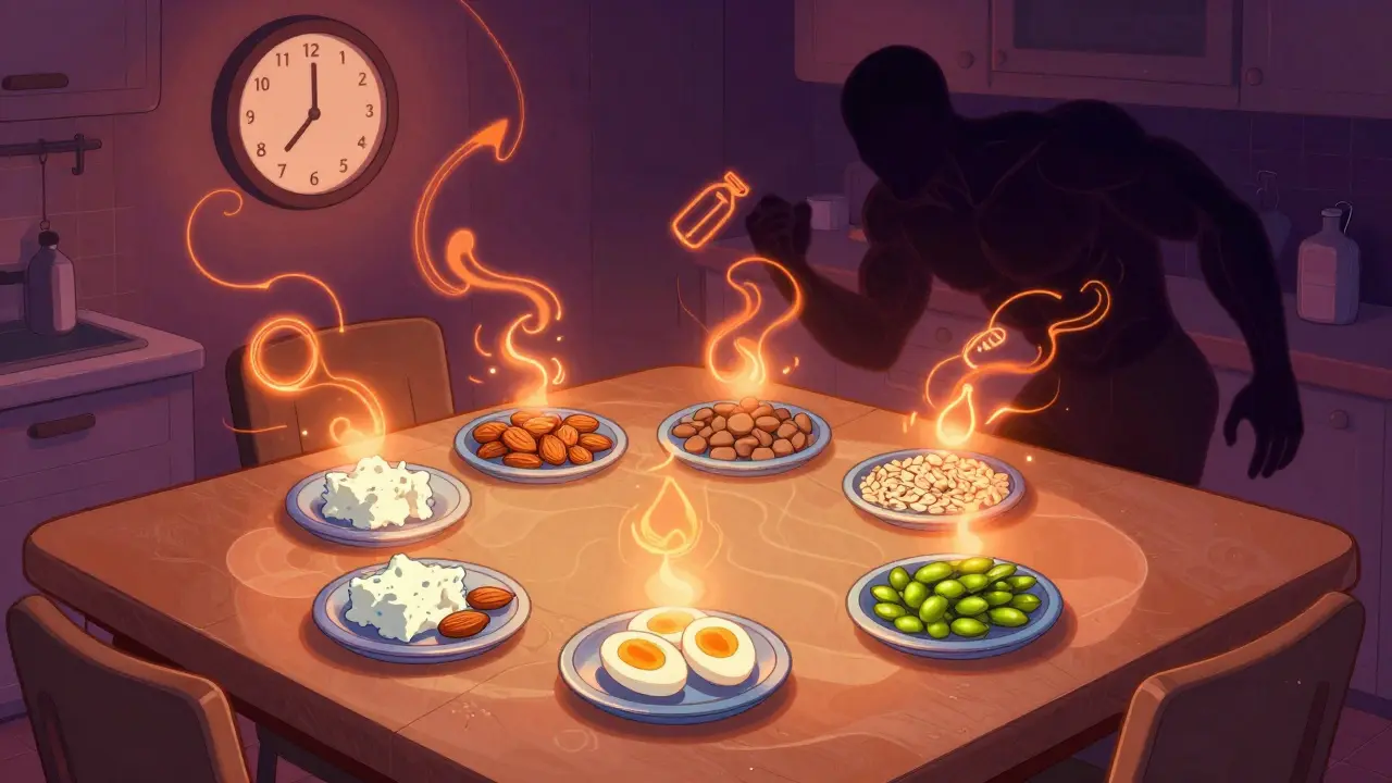 A person eating five small high-protein meals at night, with muscle wasting fading away as light radiates.