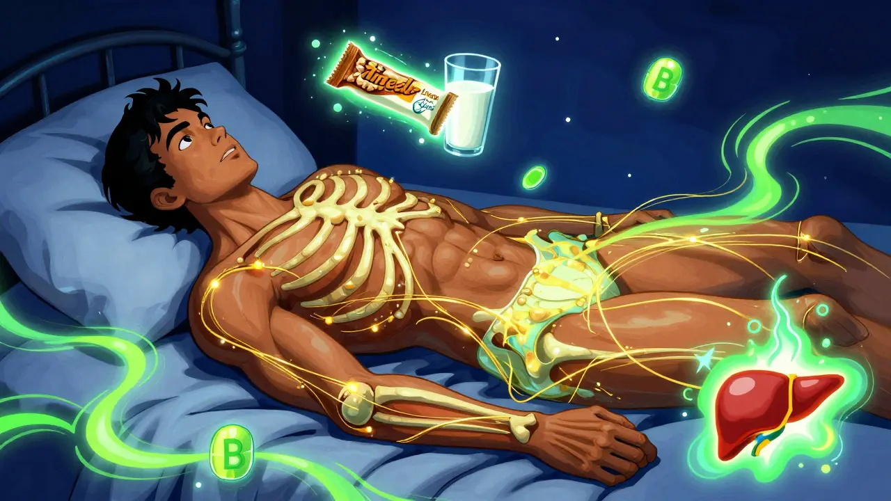 A person sleeping with a glowing protein bar above them, transforming their body with golden protein threads.